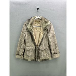 Powder River Outfitters Womens Tan Brown Faux Leather Fur Embellished Jacket Siz
